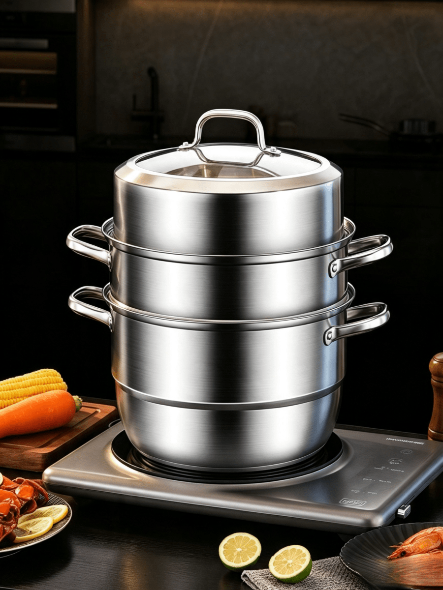 1 stuk huishoudelijke meerlaagse roestvrijstalen stoom- en stoofpot met luchtdicht vershoudend ontwerp en meerlaagse stoomroosters, een veelzijdige cooker voor het stomen van rijst, vis en meer in één pot.