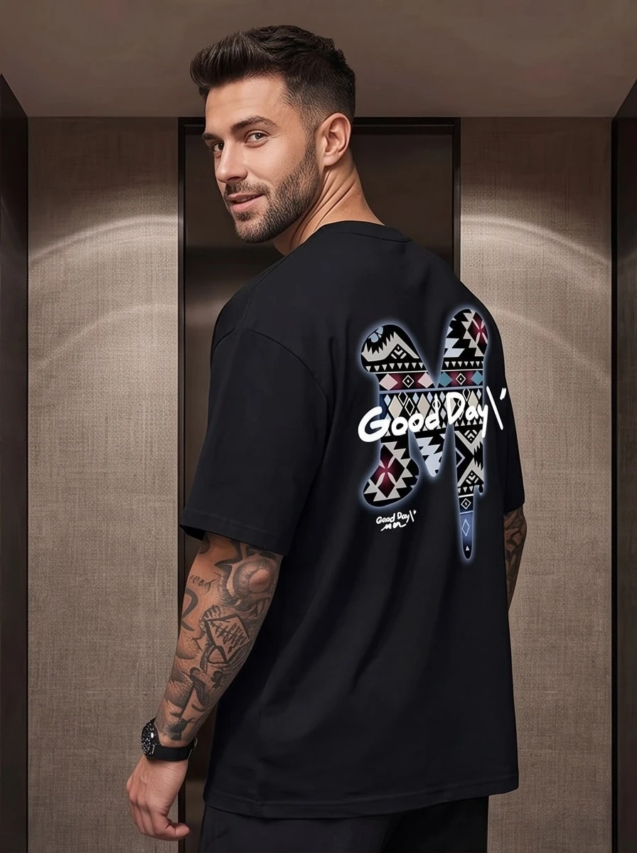 Men's Thick Cotton T-Shirt - Versatile Plus Size - Summer Casual Style - Brand - Stylish Print For Youth - 黑色 - 查看 1