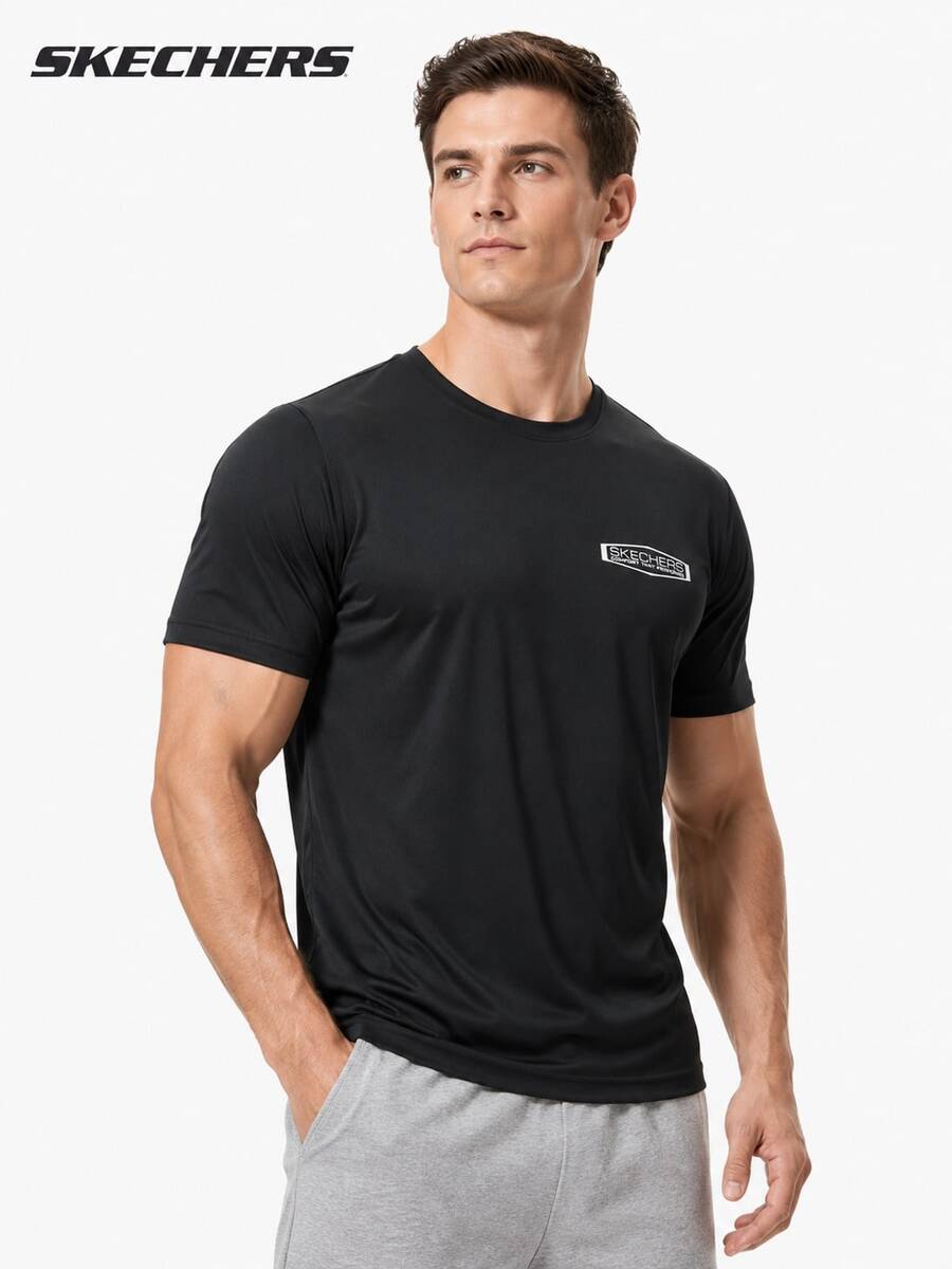 Skechers Kaos Pria Lengan Pendek Kerah Bulat Longgar, Atasan Olahraga Serbaguna untuk Lari dan Perjalanan - Hitam - View 1