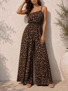 Women's Sleeveless Spaghetti Strap Leopard Print Jumpsuit Summer Vacation - Brown - View 6