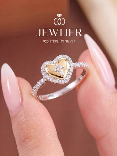 1pc 925 Sterling Silver Heart-Shaped Cross Ring, Multiple Sizes Available, Suitable For Cool Girls And Women, Ideal For Dating Gifts Or Exquisite Jewelry