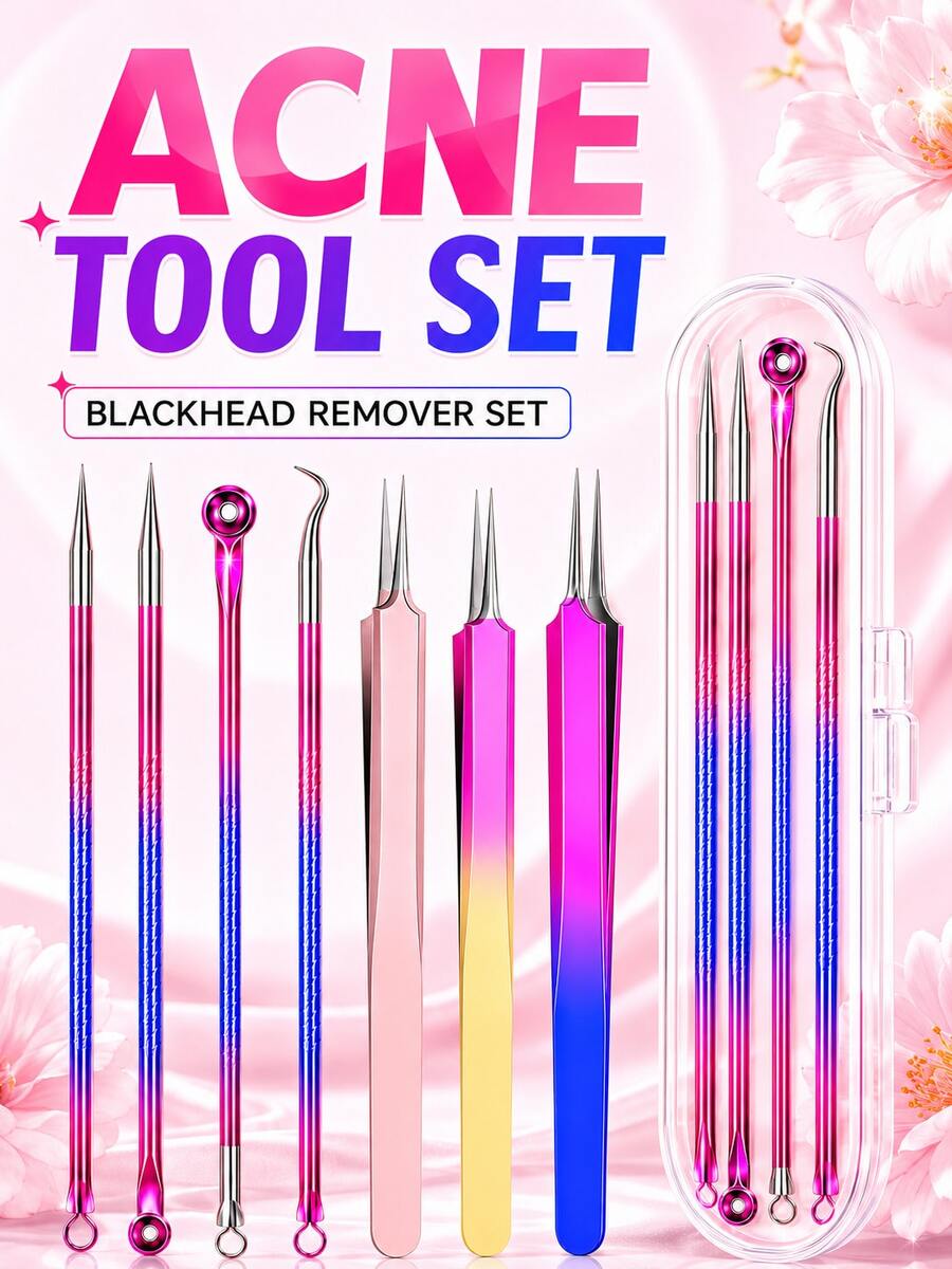 Gradient Color Professional Stainless Steel Dual-Head Blackhead Extractor Tool - Professional Dual-Head Extractor, Ergonomic Handle, Suitable For Squeezing Whiteheads, Blackheads, Acne And Facial Cleansing. No Battery Required, Portable Design, Durable Material, Easy To Clean, Essential For Beauty Enthusiasts, Designed For Skincare