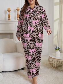 2pcs/Set Women Plus Size Pajama Set, Leopard Print Bow Design, Women Loungewear, Long Sleeve Lapel Top And Pants, Can Be Worn Out - Multicolor - View 2