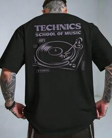 Men's Retro 80s Music Graphic T-Shirt - Vintage DJ Turntable & Vinyl Record Design With Technics School Of Music Lettering - Breathable Polyester Blen - 黑色3 - 查看 1