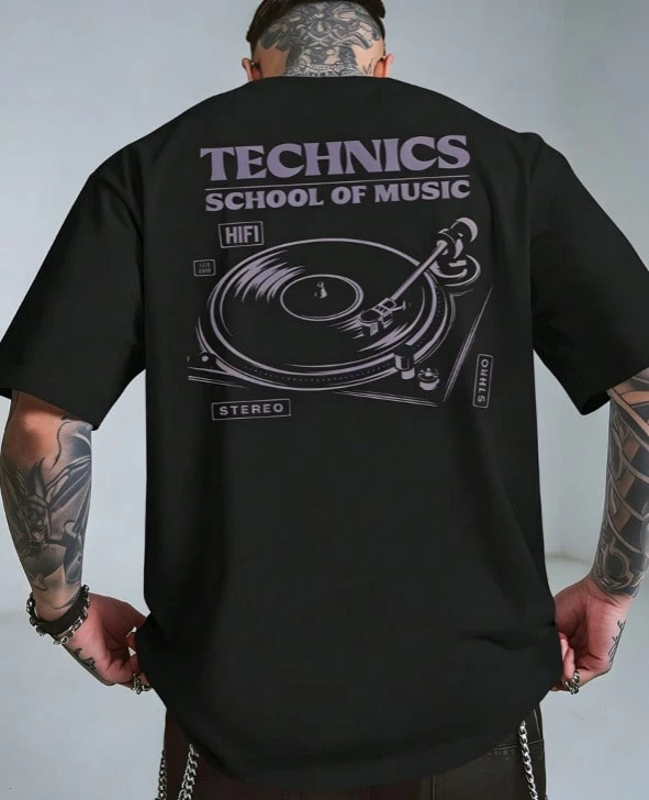 Men's Retro 80s Music Graphic T-Shirt - Vintage DJ Turntable & Vinyl Record Design With Technics School Of Music Lettering - Breathable Polyester Blen - 黑色3 - 查看 1