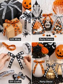 1 Roll 1" X 10 Yards Halloween Printed Ribbon, Orange Black Spider & Black White Spider Web Ribbon, Suitable For Halloween Gift Wrapping, Halloween Gift Ties, Theme Party DIY Decoration, Handmade DIY Accessories - Multicolor - View 4