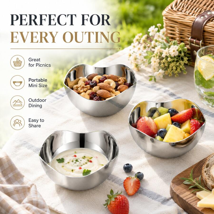 2/4/6pcs Stainless Steel Wavy Sauce Bowls, Mini Dipping Dishes, Suitable For Sauce, Nuts, Snacks, Seasoning, Kitchen And Picnic Use - Silver - View 1
