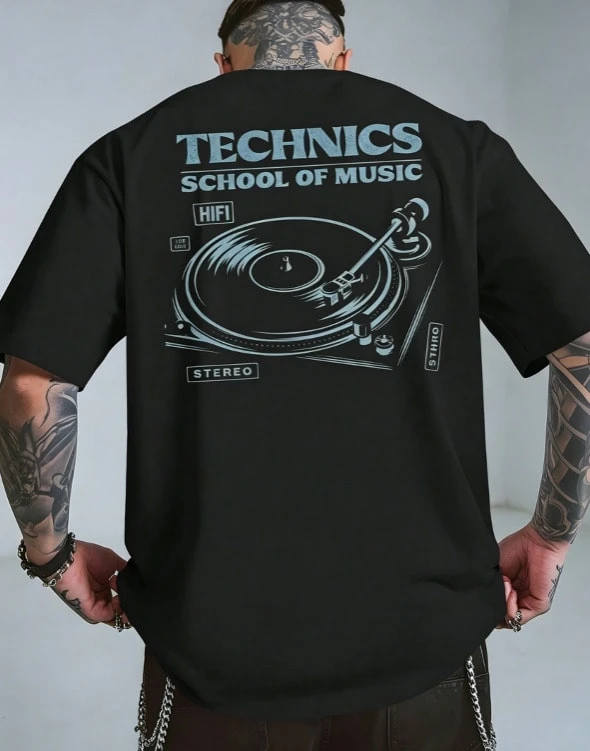 Men's Retro 80s Music Graphic T-Shirt - Vintage DJ Turntable & Vinyl Record Design With Technics School Of Music Lettering - Breathable Polyester Blen - 黑色2 - 查看 1