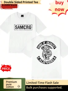 Casual Unisex Crew Neck Short Sleeve T-Shirt For Men And Women, "Sons Of Anarchy SAMCRO TV Show", 100%, Double-Sided Logo Print - White - View 1