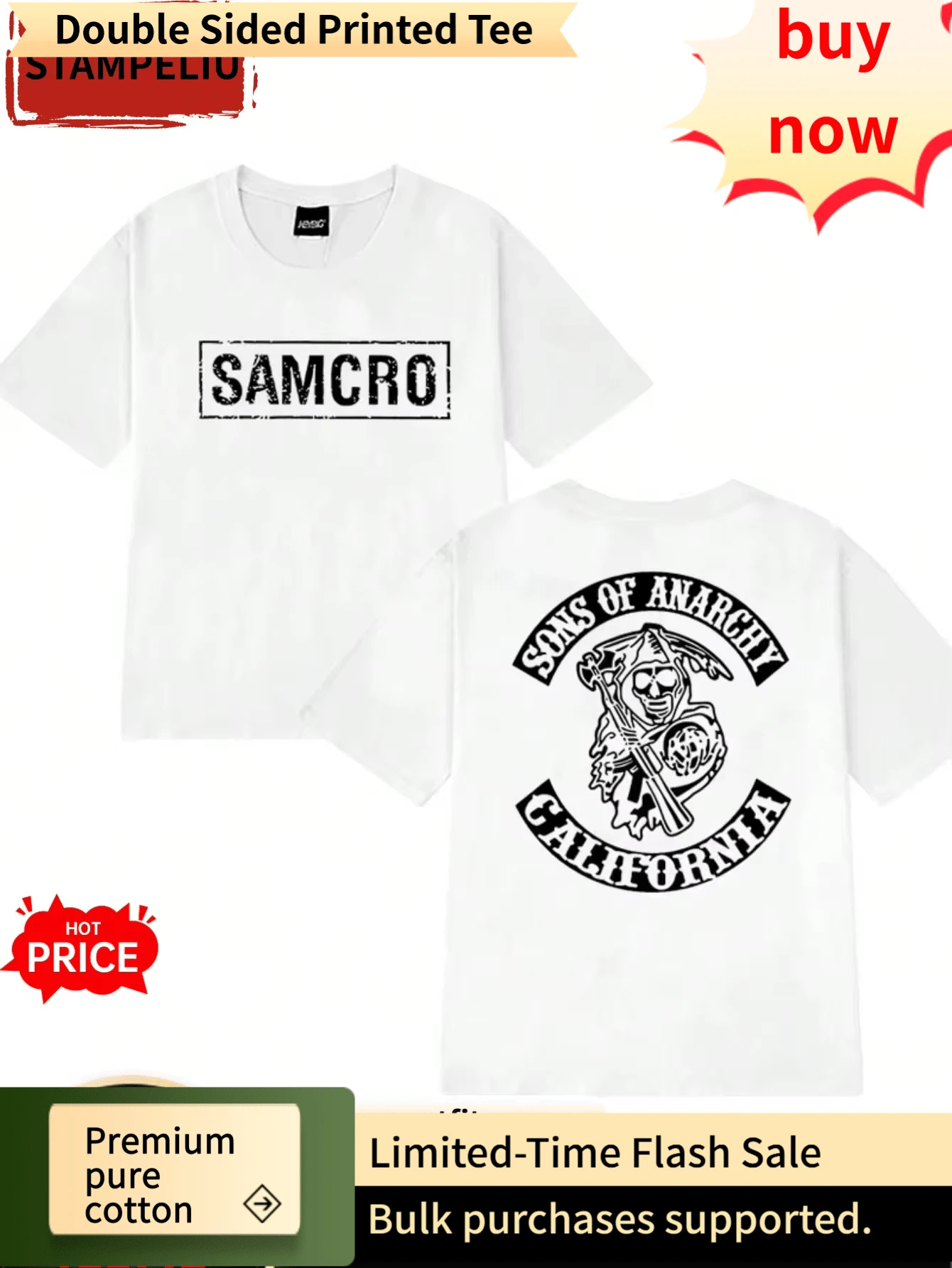 Casual Unisex Crew Neck Short Sleeve T-Shirt For Men And Women, "Sons Of Anarchy SAMCRO TV Show", 100%, Double-Sided Logo Print - White - View 1