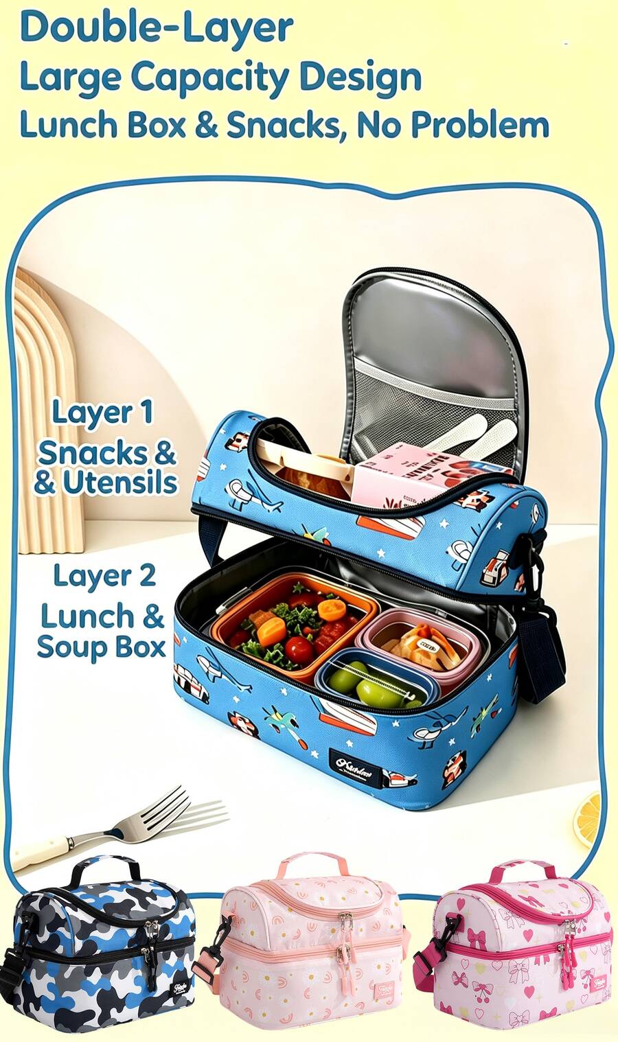 Powcan Double-Layer Large Capacity Insulated Lunch Bag, Dual Compartment Reusable Cooler Bag, Waterproof Easy-To-Clean Lining, Shoulder Strap And Dual Handles, Suitable For School, Work, Picnic And Travel