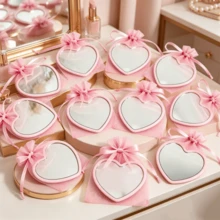 12pcs Heart-Shaped Mirrors With Pink Storage Bags, Suitable For Travel, Wedding Gifts & Korean Skincare Routine - Pink Ribbon Compact Lightweight Portable Mirror Collection With Polished, Decorative Suitable For Decor, Gifts For - A - View 2