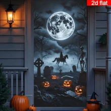 2D Flat Halloween Cemetery Moonlit Night Door Curtain, Dark Style Cemetery Scene With Skeleton Knight, Glowing Pumpkin Lantern And Full Moon Elements, Durable Polyester, No Power Required, Suitable For Halloween Party Decoration, Can Be Used For Indoor/Outdoor Wall, Door/Window Decoration, Haunted House, Home, Studio, Outdoor Scenes, Holiday Atmosphere Setup, Polyester Material, No Power Required - 1PC - View 2