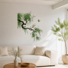 1件 40x90cm 新中式垂柳與鳥牆貼，自黏可移除，禪意風格客廳臥室牆面裝飾 - 多色 - 查看 6