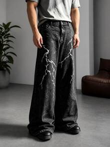 Dark Techwear Style Black & Grey Washed Denim Jeans, Lightning Embroidery Extra Wide Leg Men's Unique Casual Pants - Black - View 1