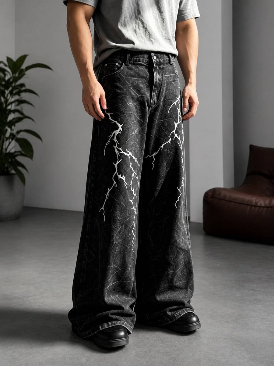 Dark Techwear Style Black & Grey Washed Denim Jeans, Lightning Embroidery Extra Wide Leg Men's Unique Casual Pants - Black - View 1