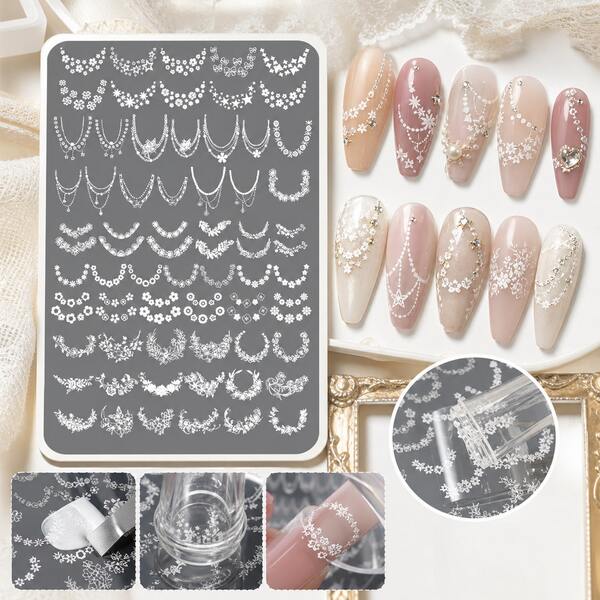 1 pieza Placa de estampado de arte de uñas francés con base gris plateada y flores blancas, plantilla de transferencia de impresión de superficie de uñas con cadena fina de encaje curvo y pequeñas flores, arte de uñas DIY para el hogar para crear patrones delicados y exquisitos de puntas de uñas francesas, esmalte de uñas nude transparente a juego para salón de uñas para puntas de uñas largas de primavera, suministros de arte de uñas viral suave y claro de Ins, diseño de hoja completa con múltiples patrones de cadena de flores curvas, estrellas, puntos y media luna, líneas finas grabadas que se transfieren completamente sin líneas rotas, placa de acero delgada compatible con esmalte de estampado para una transferencia fácil, adecuada para entusiastas del arte de uñas DIY, se puede usar como regalo de arte de uñas