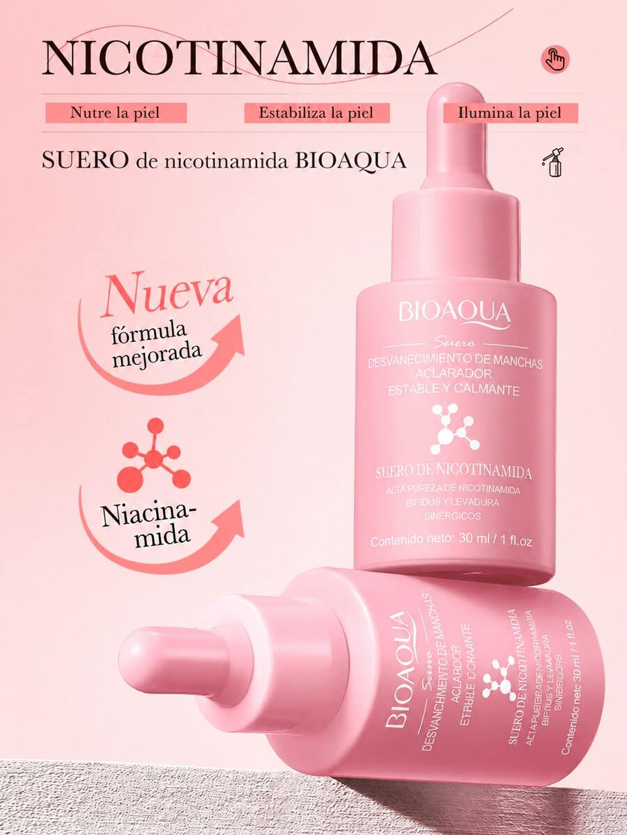 Serum Niacinamida Bioaqua Aclarante Antiacné, Suero Aclarante con Niacinamida BIOAQUA de Marca Privada OEM, 30 ml, Corrector de Manchas Oscuras, Aclarador de Piel, Cuidado Facial - Rosa - Ver 1