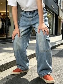 Tween Boys' Autumn Loose Fit Straight Leg Cargo Denim Jeans With Large Pockets, Suitable For Back To School, Daily Wear, Home And Outdoor Casual - Baby Blue - View 3