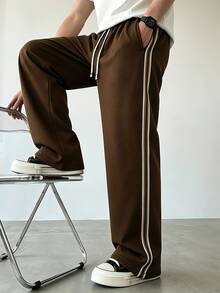 Men's Summer Knitted Long Pants With Color Block Design, Casual Straight Leg Sports Pants For Daily Wear And Commuting - Coffee Brown - View 3