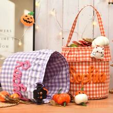 Keranjang Penyimpanan Halloween Berumbai yang Dipersonalisasi, Tas Permen Halloween Kotak-kotak dengan Nama yang Dapat Disesuaikan, Ember Permen Halloween Anak-anak, Tempat Penyimpanan Hadiah Halloween - MultiWarna - View 4
