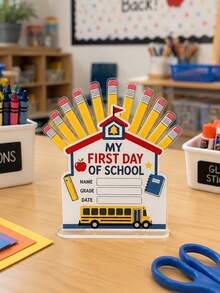 1件裝學校房屋造型鉛筆筒 開學首日可填寫桌面標牌，可客製化姓名、年級、日期，分層托盤教室桌面裝飾，教師禮物，桌面裝飾，歡迎回校，蘋果巴士尺規筆記本，兒童季節性紀念拍照道具 - 款式7 - 查看 10