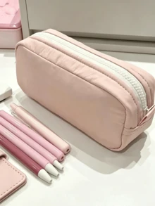 1pc Minimalist Japanese Style Solid Color Student Pencil Case, Large Capacity Fabric Desktop Stationery Storage Box, Fresh Artistic Learning Daily Stationery Bag, Can Store Notebooks And Pens - Suitable For School, Office And Travel Use - Suitable For Students, Multi-Functional Storage Box, Zipper Closure, Pencil Case Back To School Season Must-Have - Multicolor - View 4