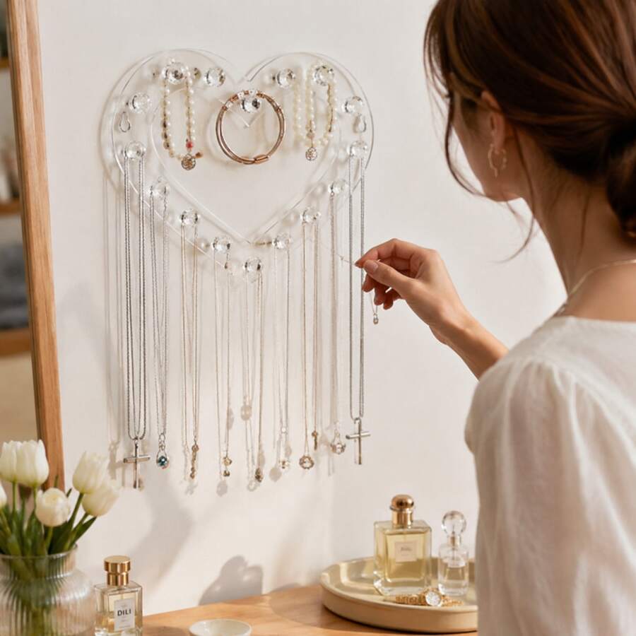 Heart-Shaped Transparent Acrylic Jewelry Display Rack, Wall-Mounted Necklace Storage Rack, Transparent Necklace Bracelet Key Organizer, Bedroom Vanity Cute Room Decor Accessory Storage Rack, Anti-Tangle Jewelry Collection Display Rack - Clear - View 1