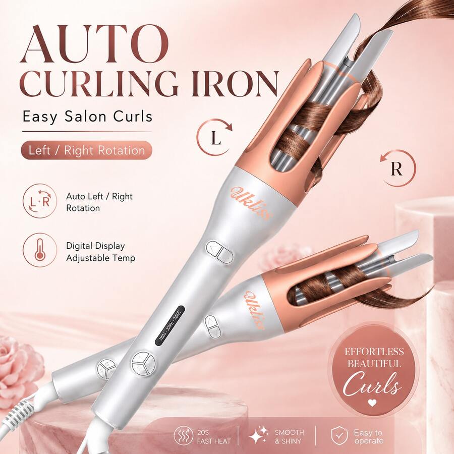 UKLISS Automatic Curling Iron & Wavy Curls, 20s Rapid Heating, Suitable For Fine, Soft, Thick, Coarse Hair, Left & Right Dual-Direction Automatic Curling, Beginners Easily Create Long-Lasting Atmospheric Big Waves; Home Styling, Suitable For Travel, Holiday Gift