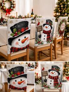 4pcs Christmas Snowman Print Chair Back Covers, Winter Berry Snowflake Dining Chair Back Covers, Suitable For Dining Room, Kitchen, Home Gathering And Christmas Decoration - Multicolor - View 5