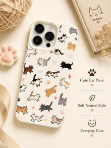 1 Buah Casing Ponsel Anak Kucing Lucu Kompatibel dengan iPhone 15 14 13 12 11 Pro Max, Dasar Bertekstur Krem, Gambar Berbagai Jenis Kucing, Jejak Kaki, Hati Merah Muda, Gambar Garis Sederhana, Kulit Berbutir Putih Krem, Bingkai Putih Krem, Casing Ponsel Tahan Guncangan - Krem - View 3