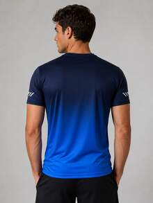 Men's Deep Blue To Bright Blue Gradient Quick-Dry Sports T-Shirt, White Striped Print Crew Neck Short Sleeve Breathable Running Athletic Top - Multicolor - View 3