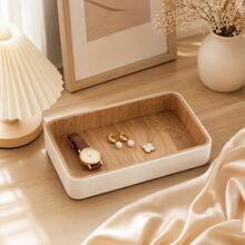 CASEGRACE 1pc Faux Leather Wood Grain Decorative Storage Tray, Rectangular Jewelry Watch Key Cosmetic Organizer Tray, Multi-Functional Desktop Vanity Storage Tray, Suitable For Entryway Vanity Bathroom - Multicolor - View 1