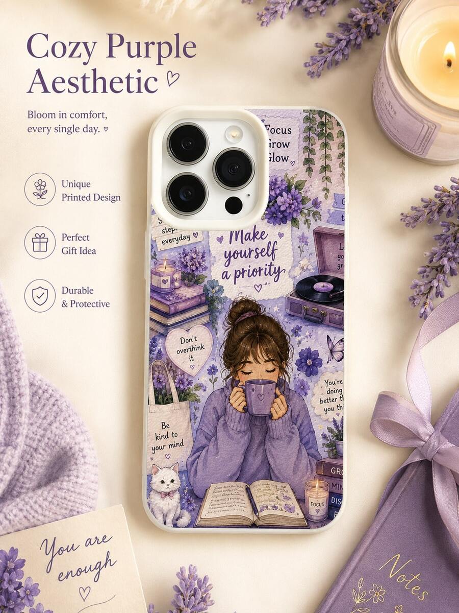 1PC Lavender Purple Watercolor Cozy Girl Reading White Cat Phone Case Compatible With Iphone 17 16 15 14 13 12 11 Pro Max, Positive Self Care Inspirational Quotes Floral Record Player Book Candle Shockproof Soft Phone Shell - Beige - View 1