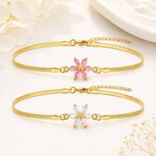 1pc New Fashion Floral Gold Stainless Steel Fishbone Chain Women's Bracelet - Flowers - View 4