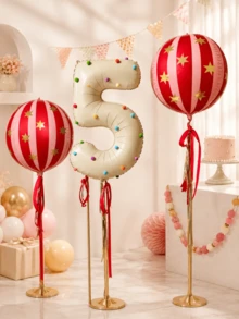 Cream White Number Decorative Balloon Set, 4D Red Striped Foil Balloons With Gold Star Foil Balloons, Felt Balls (Random Color), Includes Ribbon - Milky White - View 9