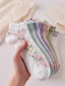 5 Pasang Kaos Kaki Pendek Tipis Motif Bunga Acak, Lembut & Nyaman untuk Sehari-hari, Kerja, Sekolah, dan Pakaian Kasual - MultiWarna - View 1