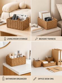 1pc/3pcs Premium Handmade Woven Paper Rope Rattan Storage Basket, Large Capacity Home Organization Box, Minimalist Space-Saving Design, Desktop Storage Box, Suitable For Cosmetics, Jewelry, Keys, Snacks, Books, Bedroom Living Room Decor - Khaki - View 4