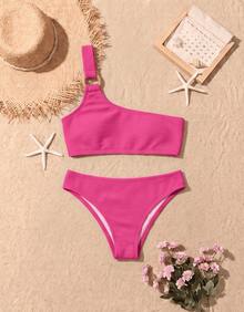 Biquíni Feminino Um Ombro Só com Fivela Costurada e Design Moderno - Pink - Visão 1