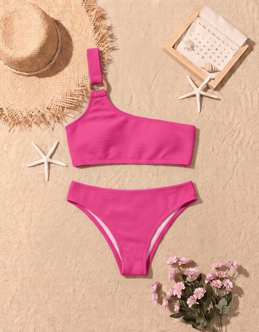 Biquíni Feminino Um Ombro Só com Fivela Costurada e Design Moderno - Pink - Visão 1