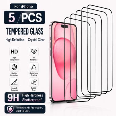 CASECOPS 5Pcs Full Coverage HD Tempered Glass Screen Protector, With Silk Screen Printed Black Border, 9H Hardness, No Bubbles, Easy To Install, Anti-Scratch, Anti-Fingerprint, Suitable For Phone Cases And Accessories, Perfect As A Gift For Family And Friends, Compatible With IPhone 17/17 Pro/16/16 Plus/16 Pro/16 Pro Max/15/15 Pro/15 Plus/15 Pro Max/14/13/12/11