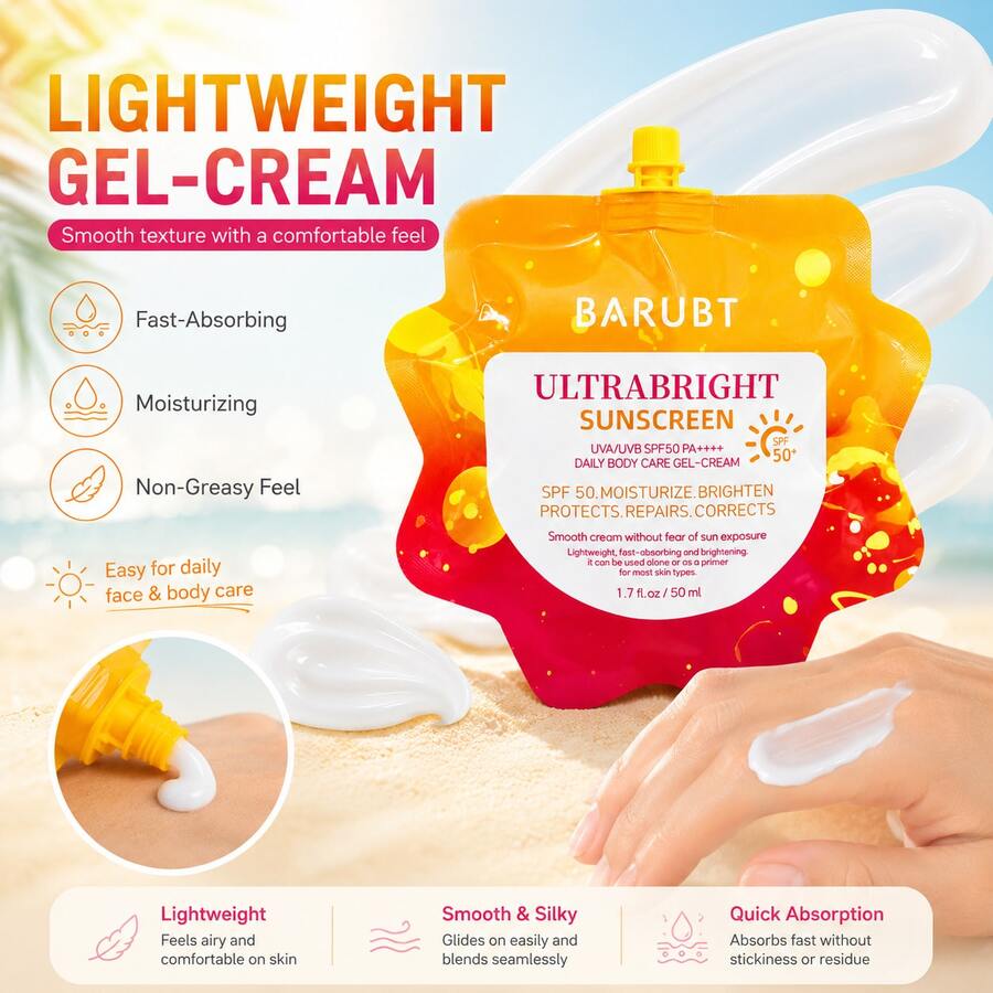BARUBT 男女通用防晒霜 SPF 50 PA+++ | 矿物锌和钛广谱防护 | 无香型，适合所有肤质 | 50ml 小袋 | NaOH 配方，便携轻薄，适合旅行