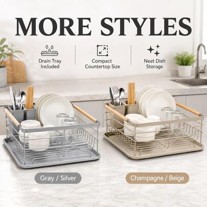 Countertop Dish Drainer Rack With Cutlery Holder For Plates, Bowls And Cups