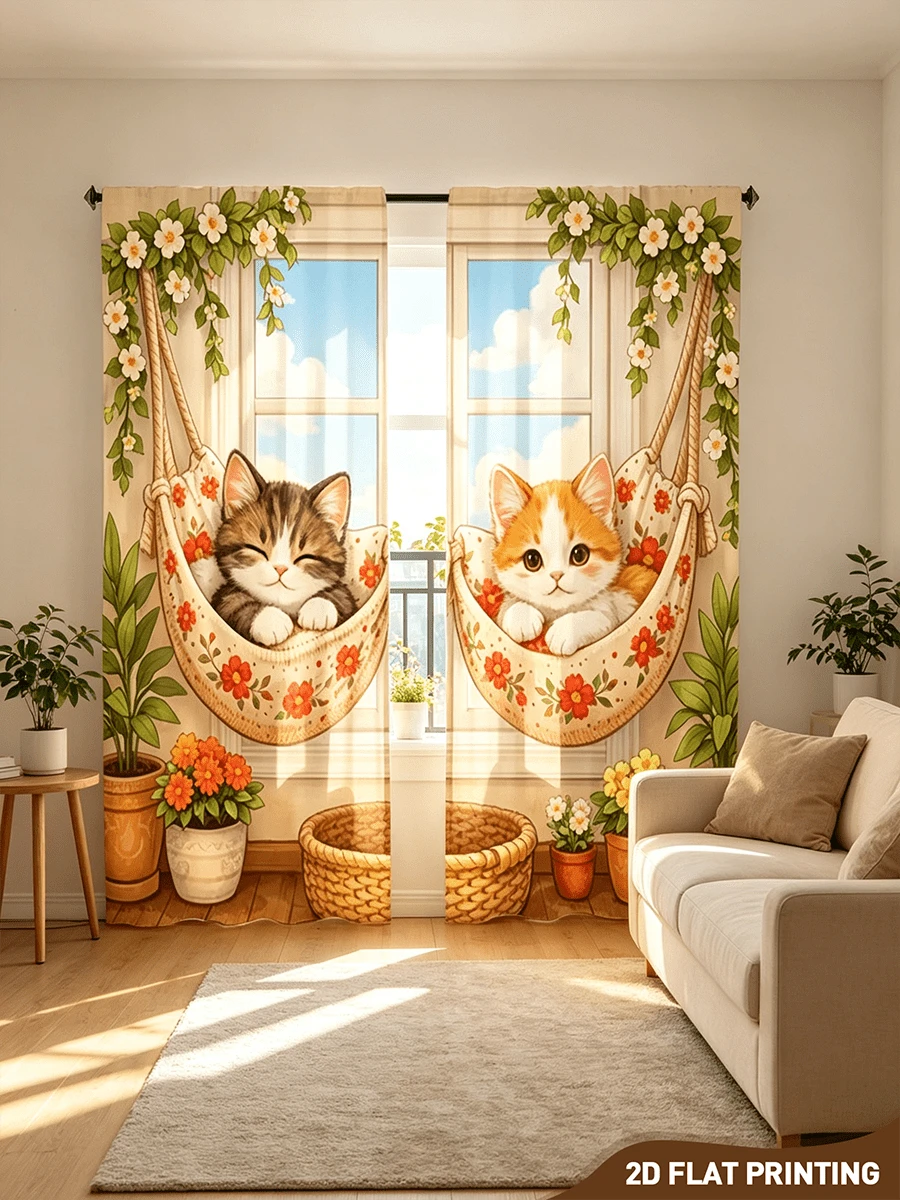 2 piezas Cortinas con estampado de doble hamaca de gato, luz suave, protegen la privacidad, cortinas con instalación de barra de bolsillo adecuadas para salas de estar, cocinas, dormitorios, salas de estudio, balcones, hoteles, restaurantes, apartamentos, decoración del hogar - Multicolor - Ver 1