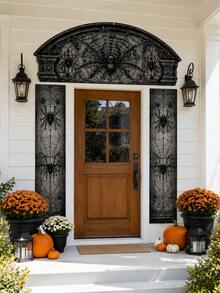 3Pcs Spider Web & Black Spider Halloween Door Frame Banner Set, Gothic Polyester Printed Arch Top Banner And 2 Side Panels With Grey Cobweb Patterns For Front Door, Porch, Entryway, Haunted House, Indoor Outdoor Party Decorations - E - View 8