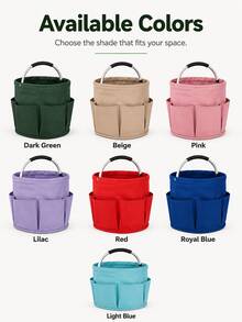 1pc Rustic Solid Color Garden Tool Tote, Round Bucket Shape With 6 Side Pockets & Padded Metal Handle, Foldable Oxford Cloth Storage Bag, Large Capacity Organizer For Home Gardening, - A - View 3
