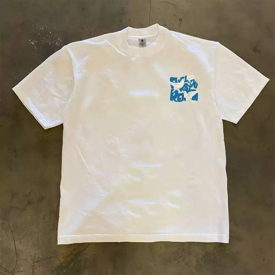 90Vintage Skateboard Bright Blue Graffiti Pigeon Letter Print On The Side Chest T Unisex Round-Neck Loose Casual Shirt Y2K Short Sleeve Top - White - View 1