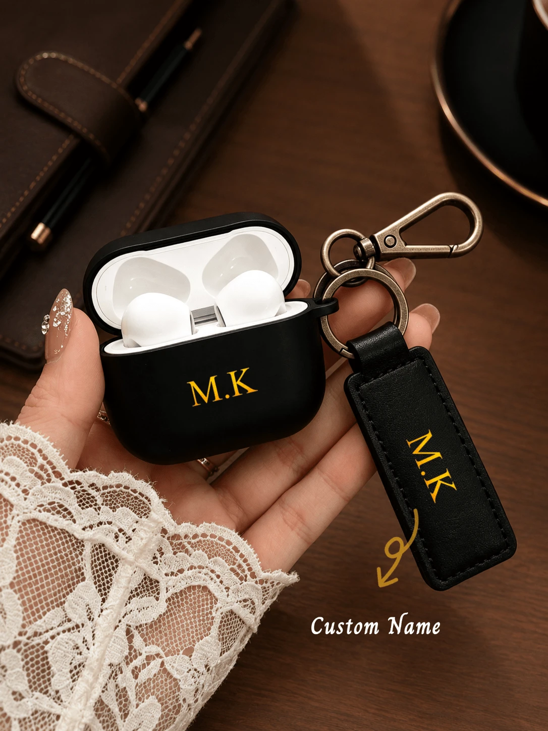 2pcs Solid Color Phone Case, Faux Leather Keychain Keyring Bag Charm, Portable For Outdoor, Handmade Artificial Leather Keychain Accessory Suitable For Wireless Earphones, Minimalist Protective Case For AirPods 1/2/3/Pro, Customizable 3-Letter Name, Back To School Season - Black - View 1