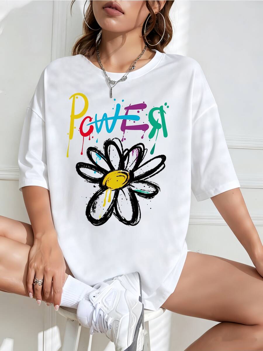 T-shirt graphique G-Dragon Power Color Splash Daisy Graffiti Hand Letter, unisexe, style rétro streetwear Y2K, pour fans VIP de BIGBANGS, haut graphique - Blanc - Voir 1