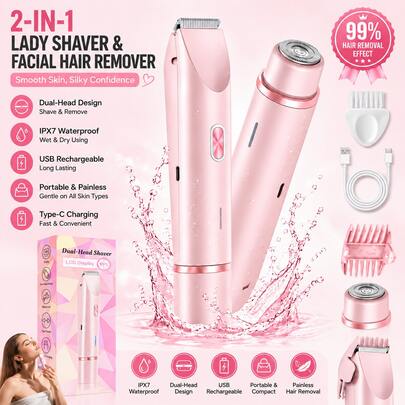 2-In-1 Body Shaver For Women, Dual-Head Bikini Trimmer And Facial Hair Remover, Wet And Dry USB Rechargeable Electric Razor With Skin-Friendly Blades, Pink